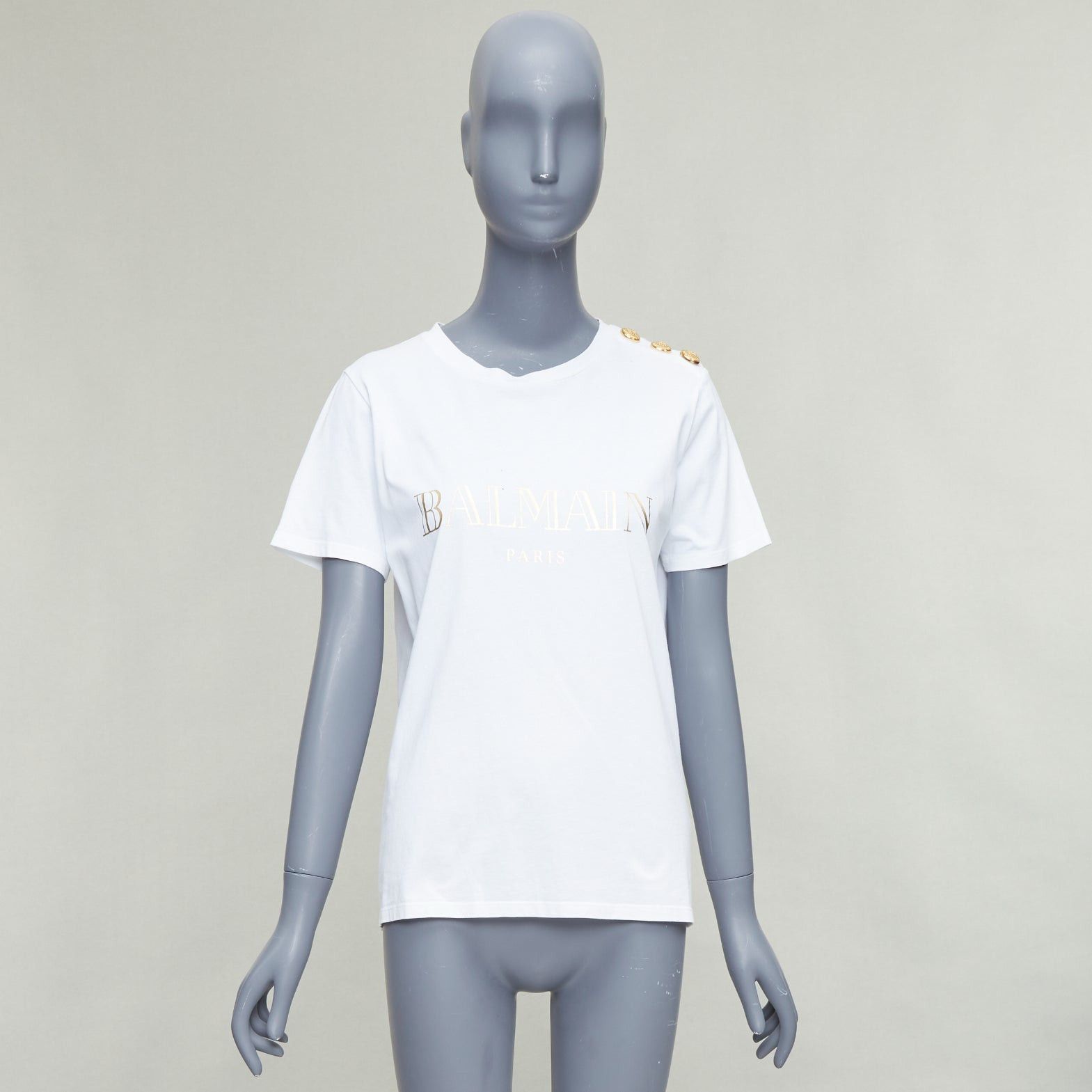 BALMAIN white metallic gold foil logo print button shoulder tshirt