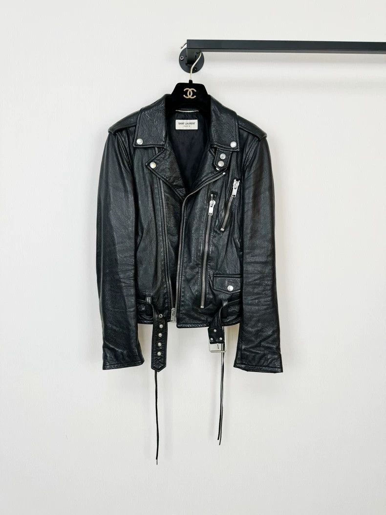 Saint Laurent Black Leather Jacket with Embroidery