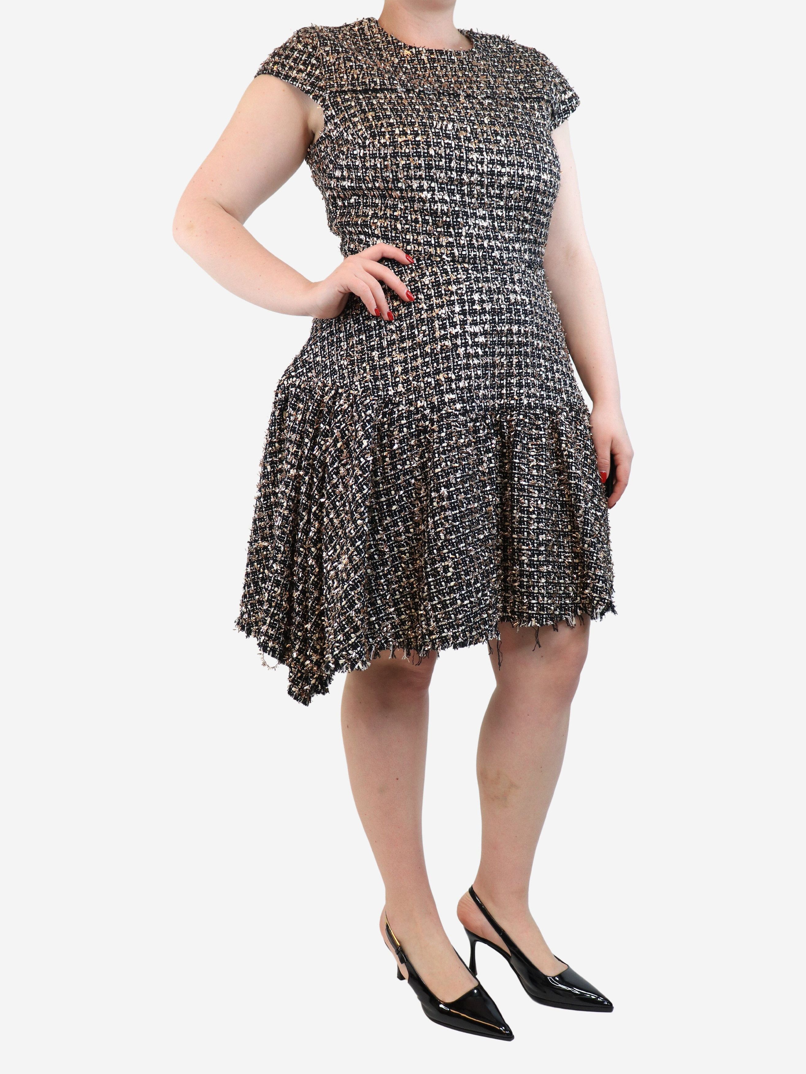 Black cap-sleeved tinsel-tweed midi dress - size UK 16