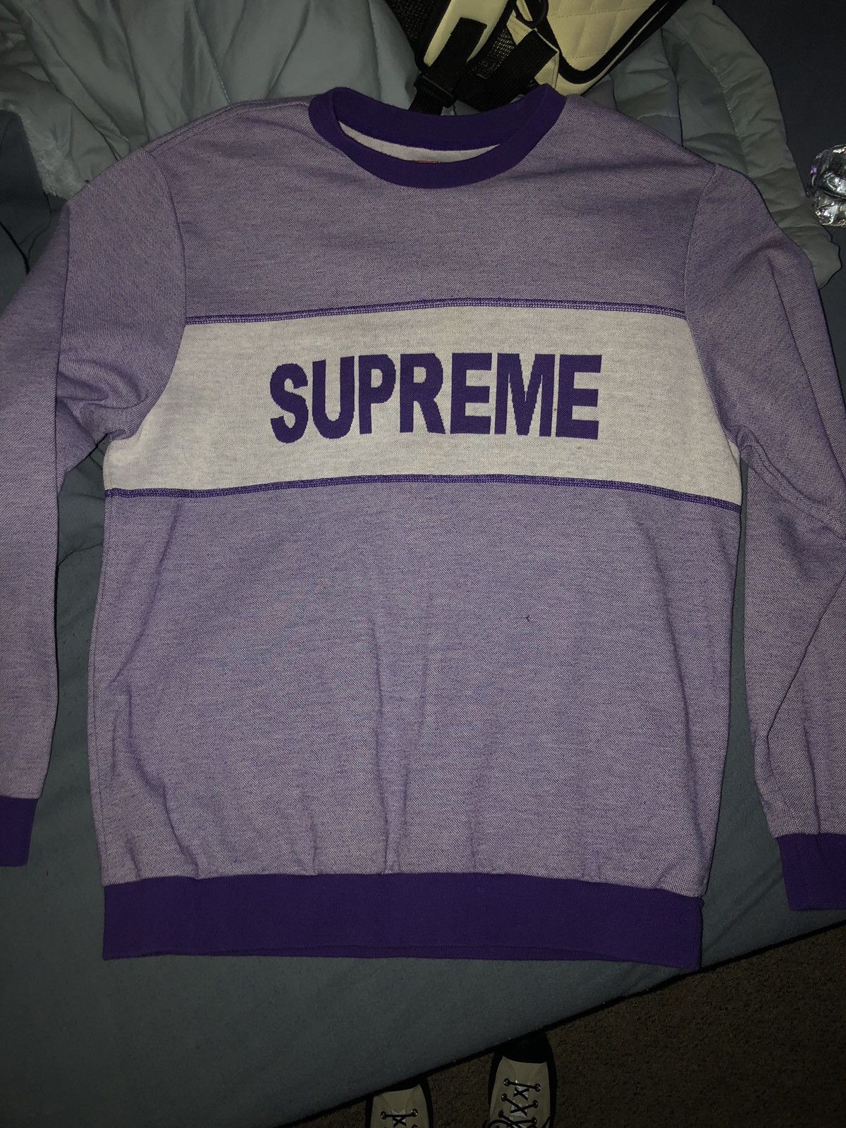 Supreme Tonal Stripe Logo Crewneck Purple | Grailed