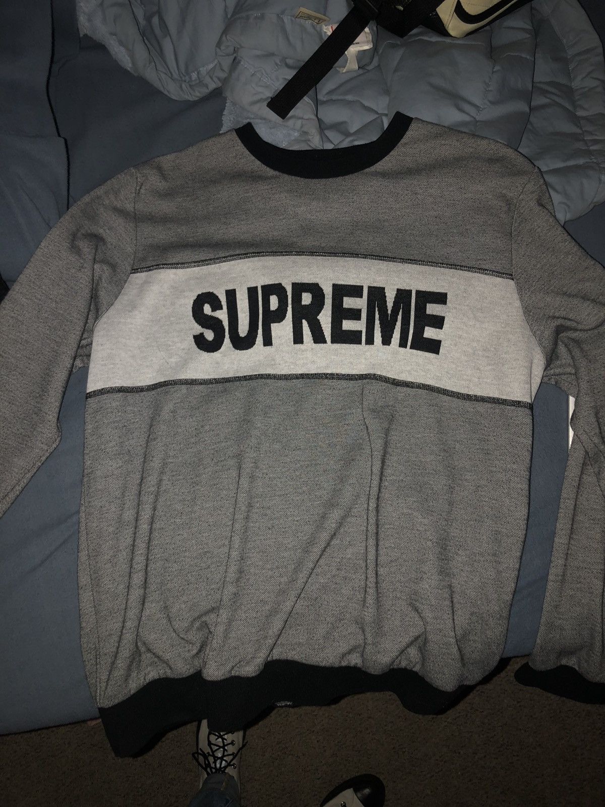 Supreme Tonal Stripe Logo Crewneck Black | Grailed