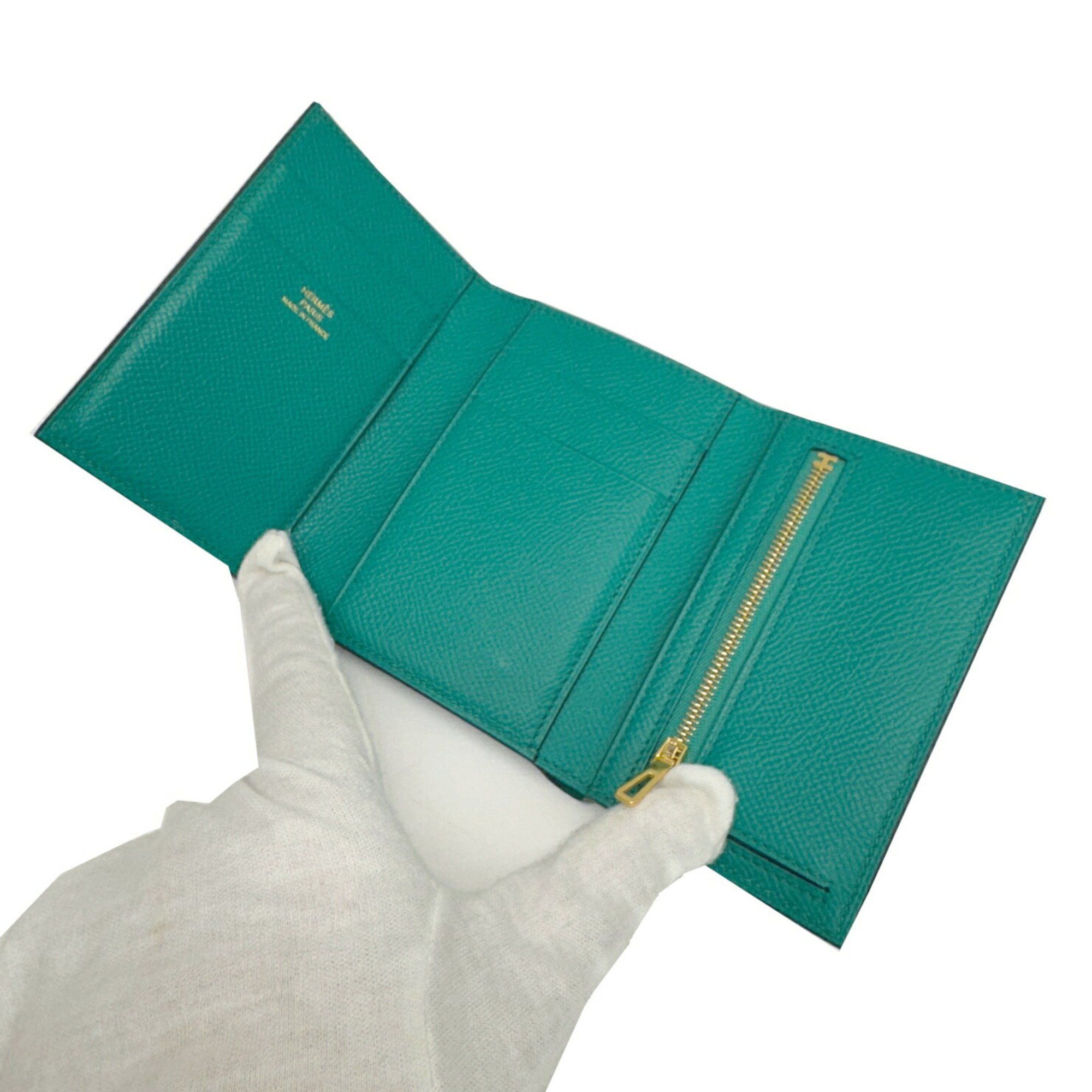 Hermes HERMES Bearn Combination Epson Vert Jade B Stamp 2023 Made Green Silver Metal Fittings Compact Wallet Size ONE SIZE - 9 Thumbnail