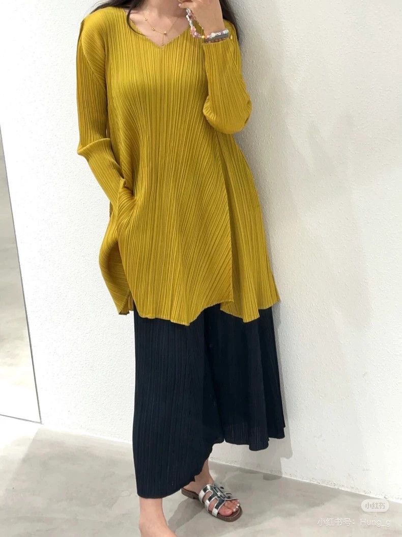 Issey Miyake Yellow Pleated Long Top Dress With Sleeves-yf Size US M / EU 48-50 / 2 - 9 Thumbnail
