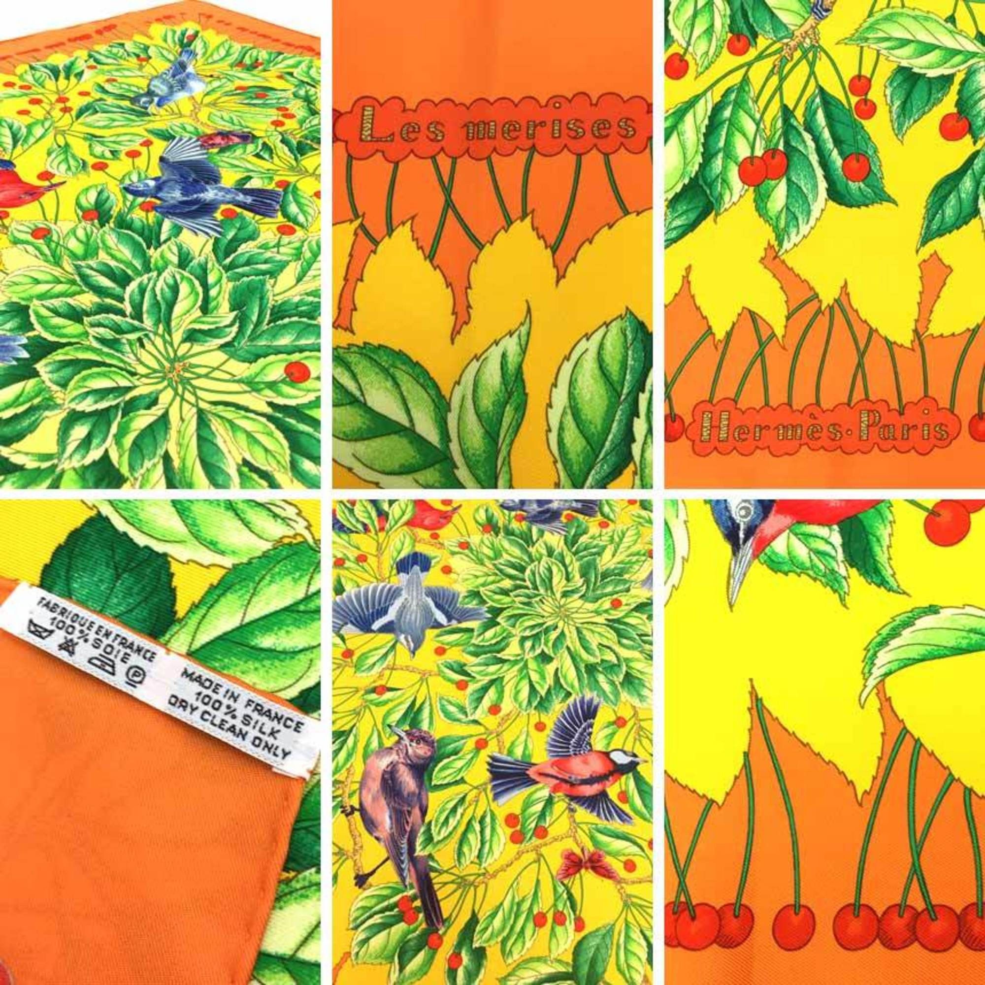 Hermes Hermes Scarf Muffler Carre 90 Les merises Cherries Bird 1993 Silk Orange x Yellow Size ONE SIZE - 3 Thumbnail