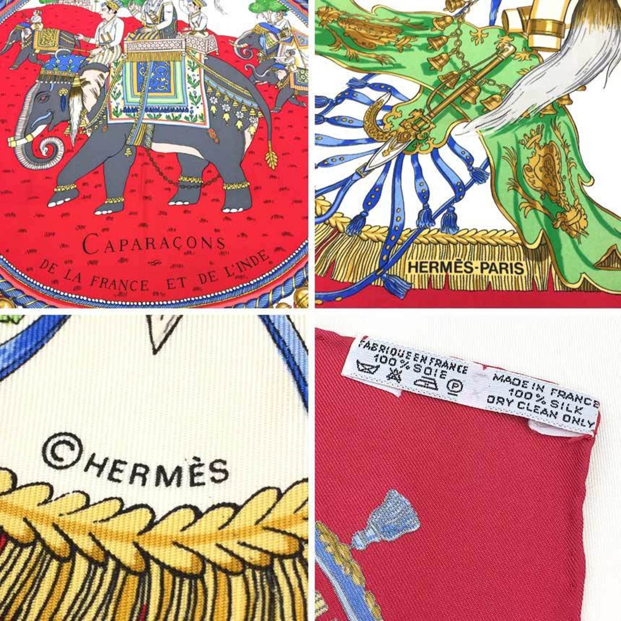 Hermes Hermes Carre 90 Scarf Muffler CAPARACONS DE LA FRANCE ET L'INDE Horse Ornament Elephant Ivory x Red 100% Silk Size ONE SIZE - 3 Thumbnail
