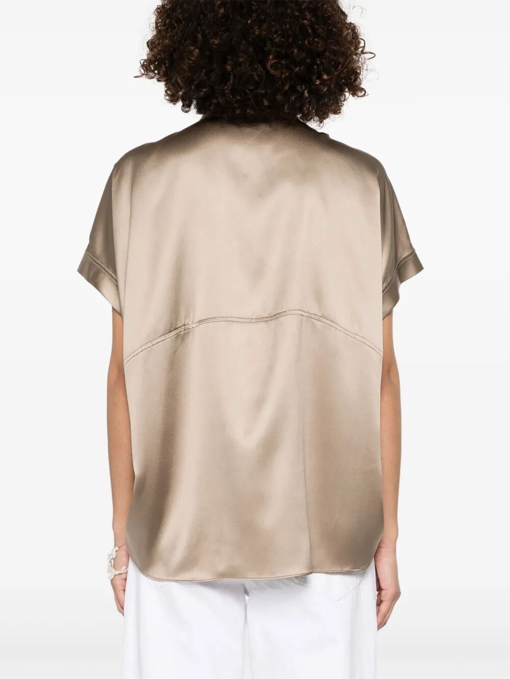 Brunello Cucinelli Stretch Silk Satin Short Sleeve Shirt With Monili Size S / US 4 / IT 40 - 3 Thumbnail