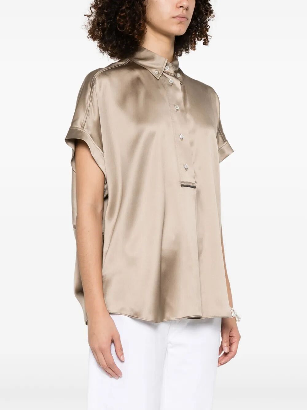 Brunello Cucinelli Stretch Silk Satin Short Sleeve Shirt With Monili Size S / US 4 / IT 40 - 5 Thumbnail