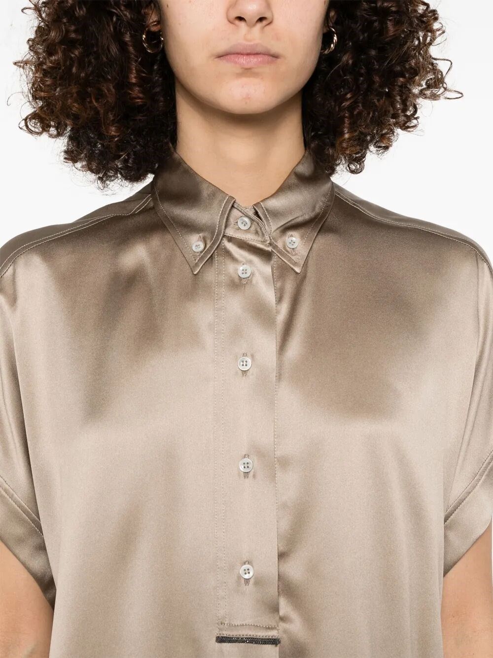 Brunello Cucinelli Stretch Silk Satin Short Sleeve Shirt With Monili Size S / US 4 / IT 40 - 4 Thumbnail