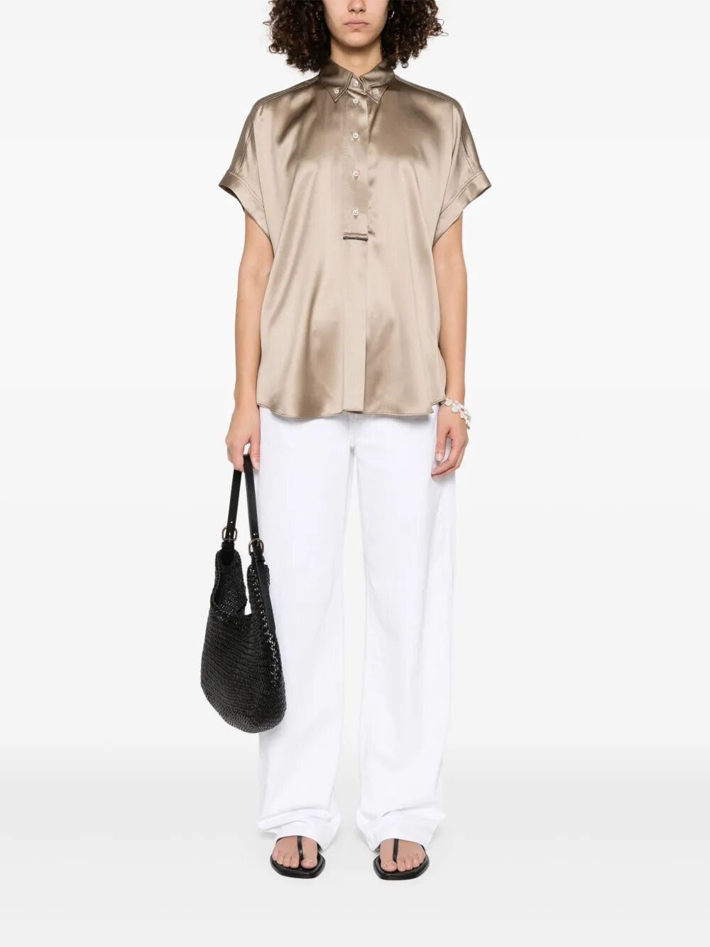 Brunello Cucinelli Stretch Silk Satin Short Sleeve Shirt With Monili Size S / US 4 / IT 40 - 2 Thumbnail