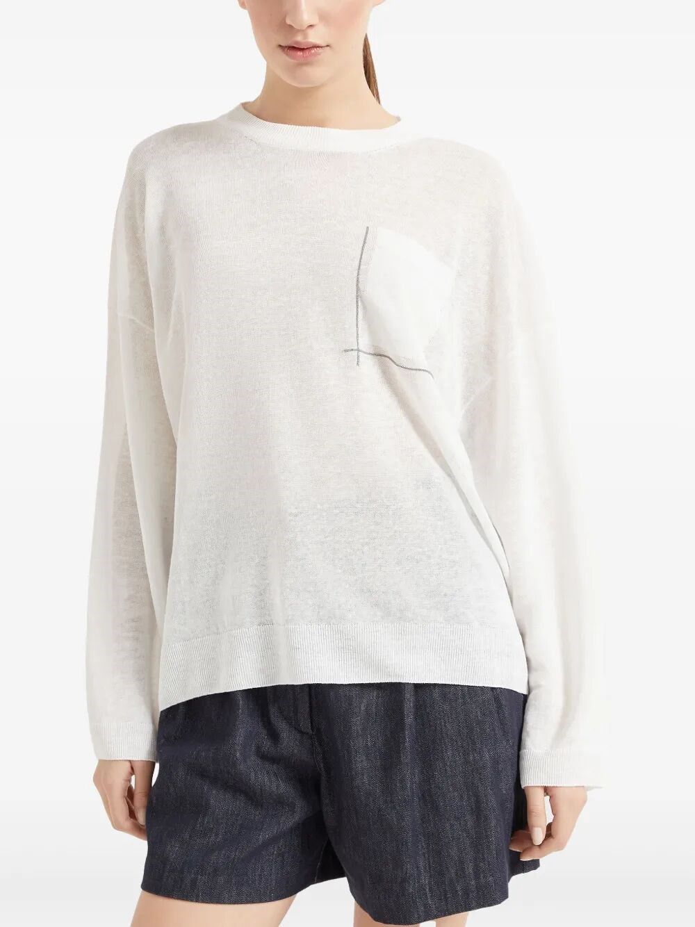 Brunello Cucinelli Linen Sweater With `Shiny` Pocket Detail Size L / US 10 / IT 46 - 3 Thumbnail