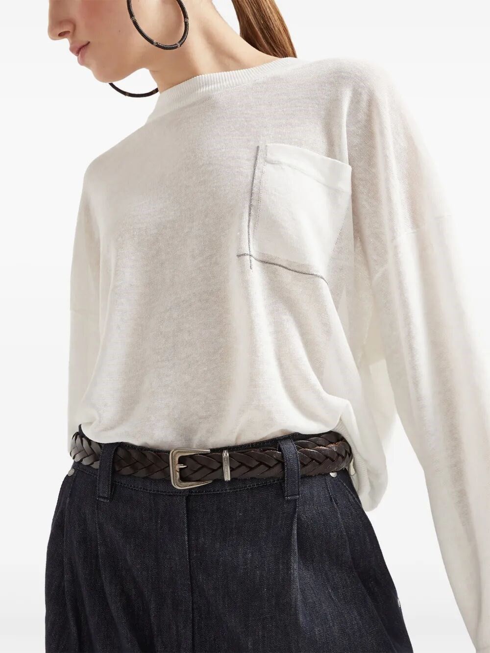Brunello Cucinelli Linen Sweater With `Shiny` Pocket Detail Size L / US 10 / IT 46 - 6 Thumbnail