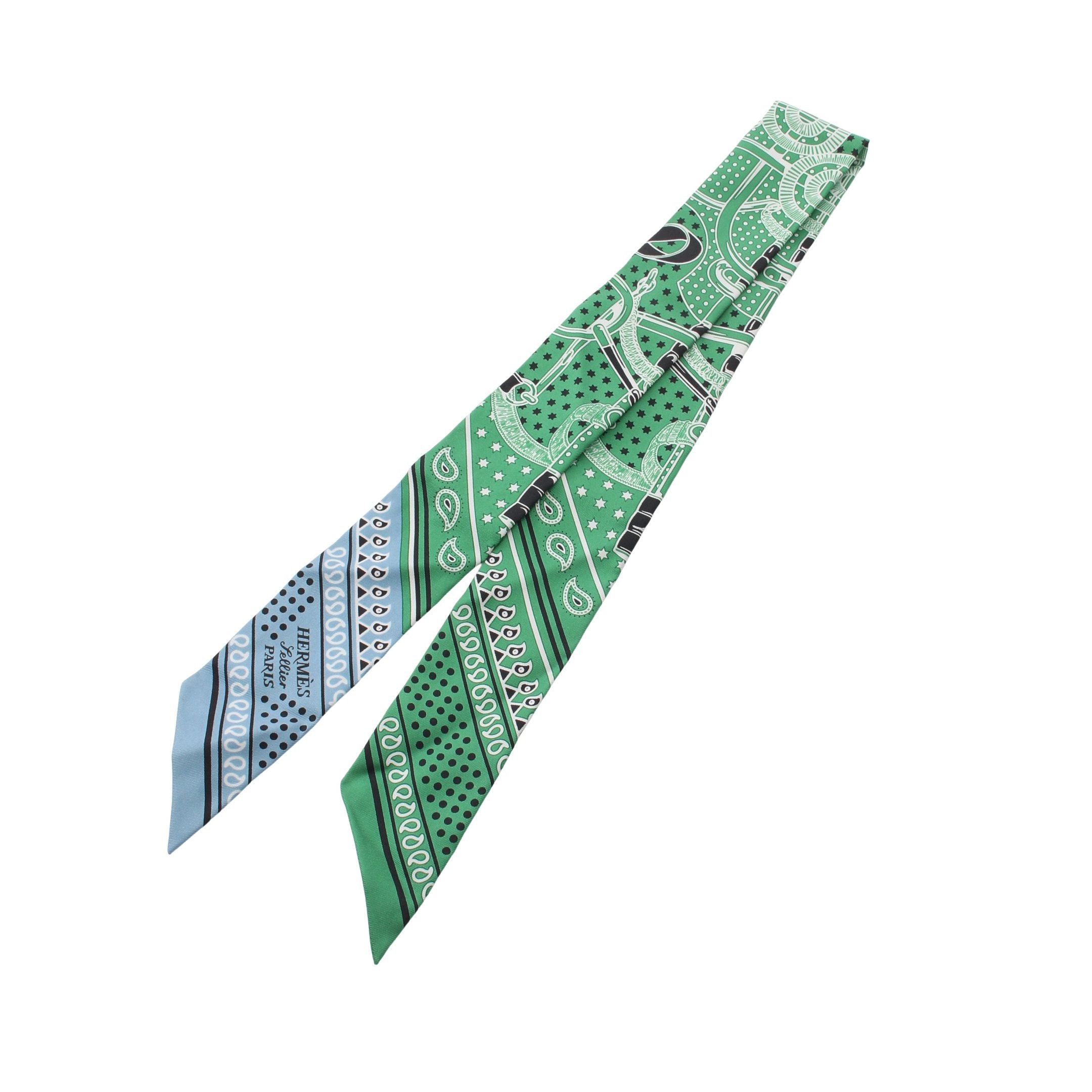 Hermes Hermes Twilly Eperon Bandana Ribbon Scarf Silk Green Light Blue Multicolor Size ONE SIZE - 4 Thumbnail