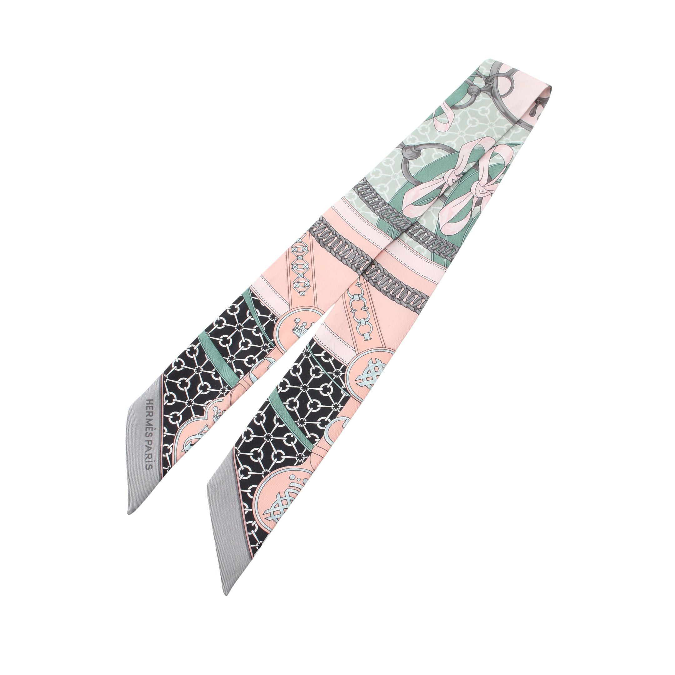 Hermes Hermes Twilly La Promenade Du Matin Scarf Silk Green Gray Pink Size ONE SIZE - 5 Thumbnail