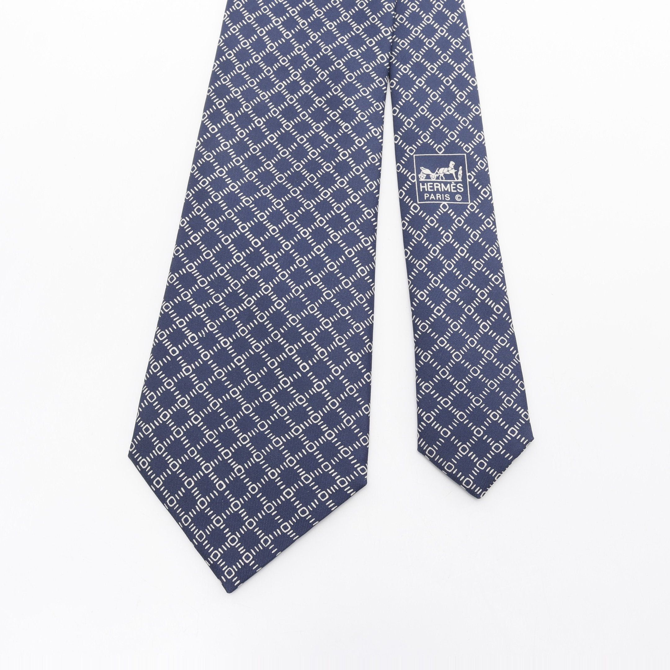 Hermes Hermes Tie Silk Navy White Size ONE SIZE - 2 Thumbnail