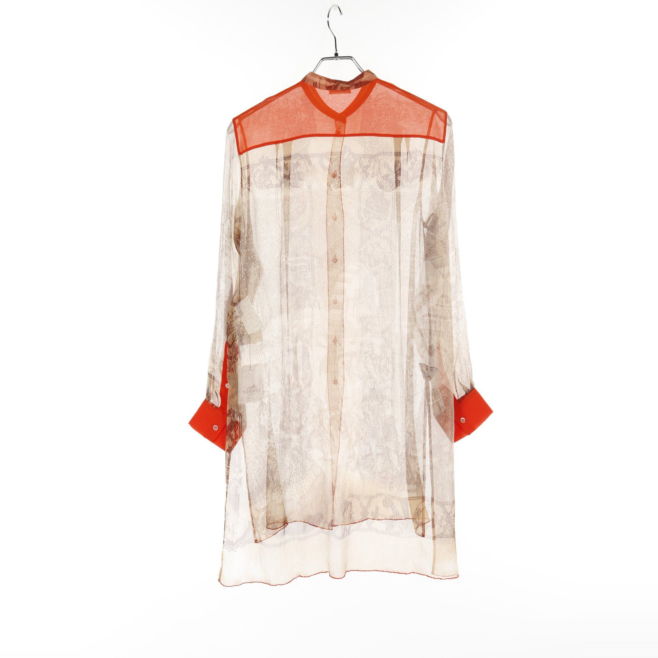 Hermes Hermes Splendeur Des Maharajas Blouse See-Through Silk Brown White Orange Red Size ONE SIZE - 2 Thumbnail