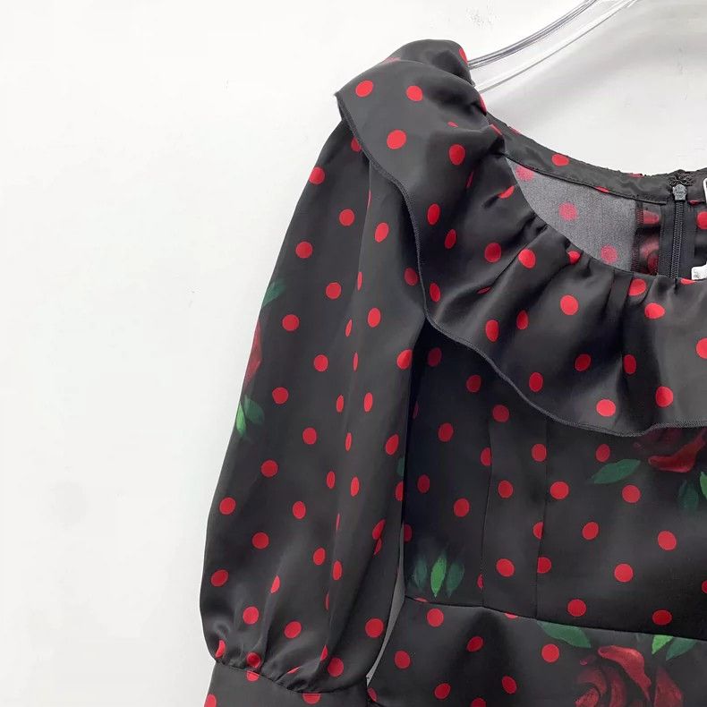 Alessandra Rich Black Polka Dot Rose Print Silk Dress Size M / US 6-8 / IT 42-44 - 3 Thumbnail
