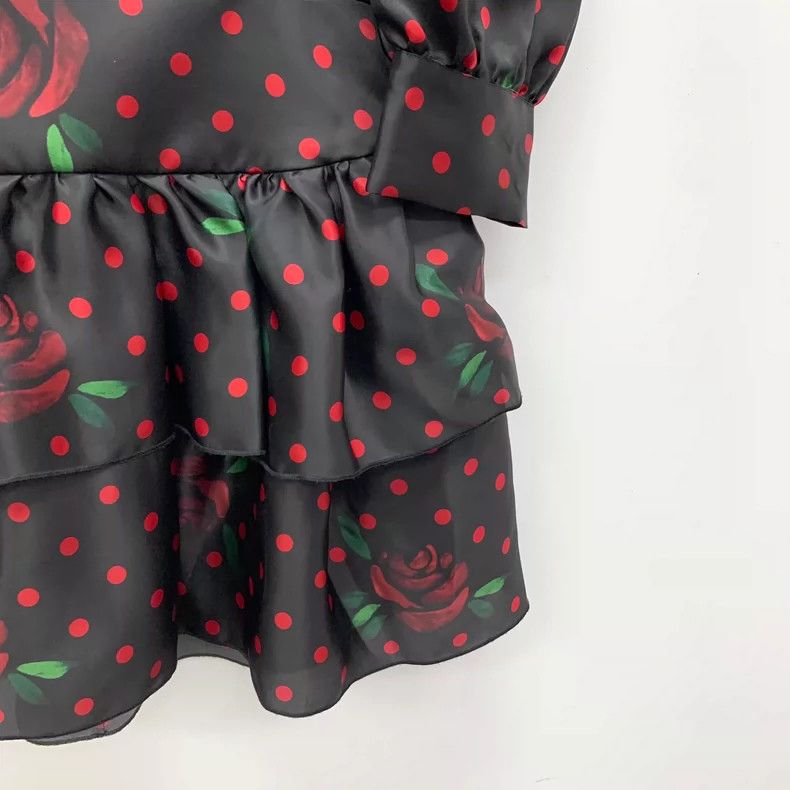 Alessandra Rich Black Polka Dot Rose Print Silk Dress Size M / US 6-8 / IT 42-44 - 4 Thumbnail