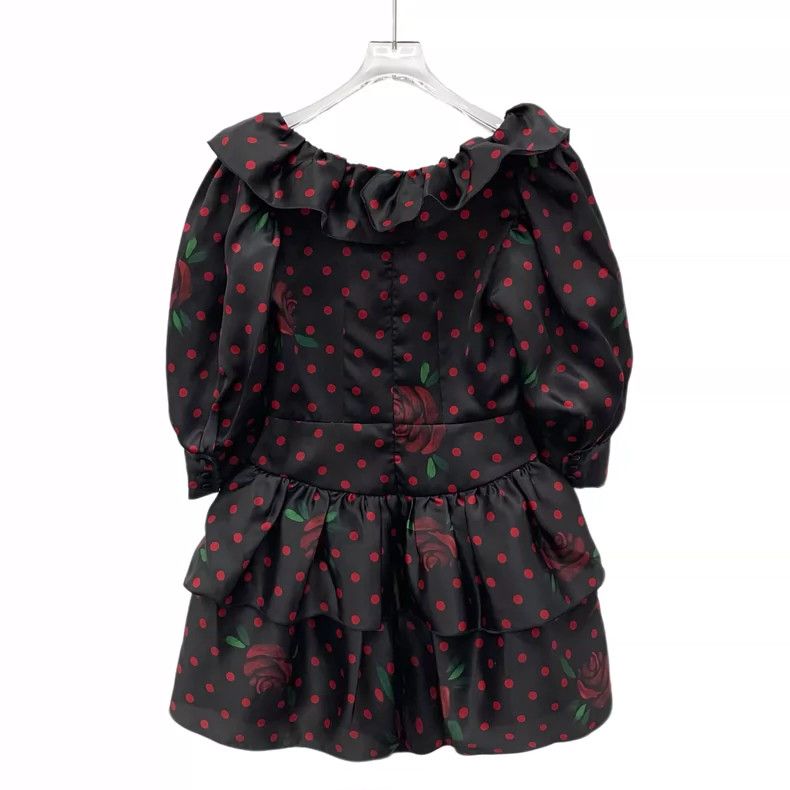 Alessandra Rich Black Polka Dot Rose Print Silk Dress Size M / US 6-8 / IT 42-44 - 2 Thumbnail