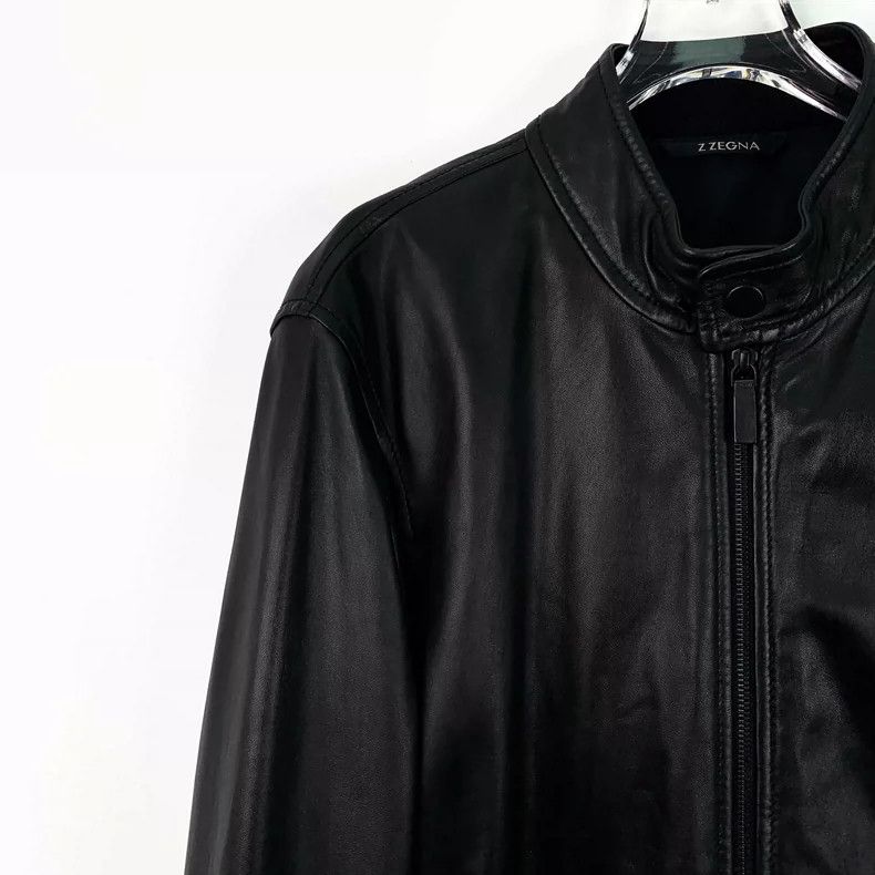 Ermenegildo Zegna Zegna Black Leather Zip Long Sleeve Jacket Size L / US 10 / IT 46 - 3 Thumbnail
