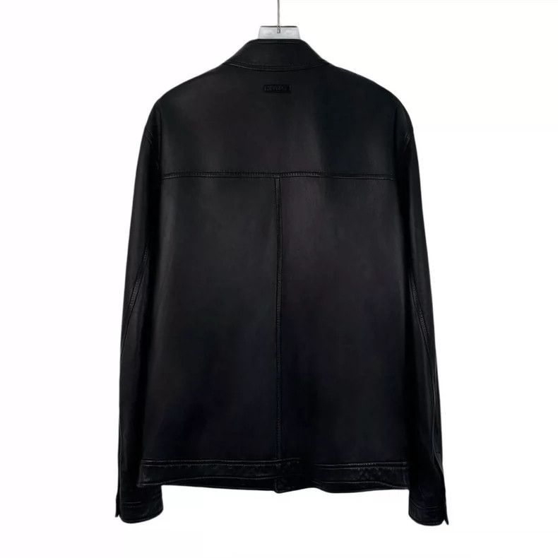 Ermenegildo Zegna Zegna Black Leather Zip Long Sleeve Jacket Size L / US 10 / IT 46 - 2 Thumbnail