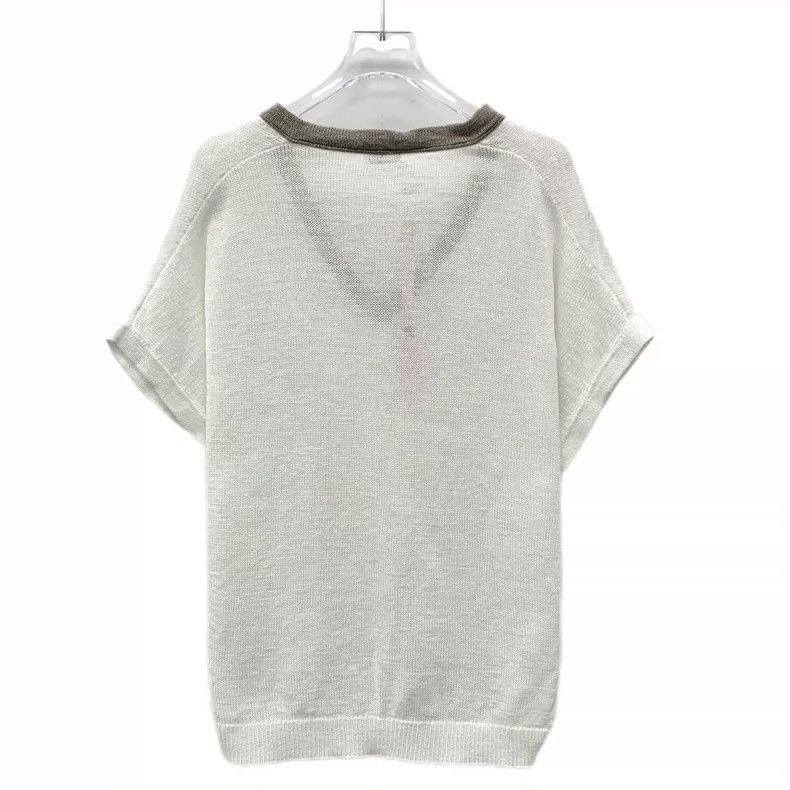Brunello Cucinelli Brunello Cucinelli White V-Neck Cotton Knit Top Size L / US 10 / IT 46 - 2 Thumbnail