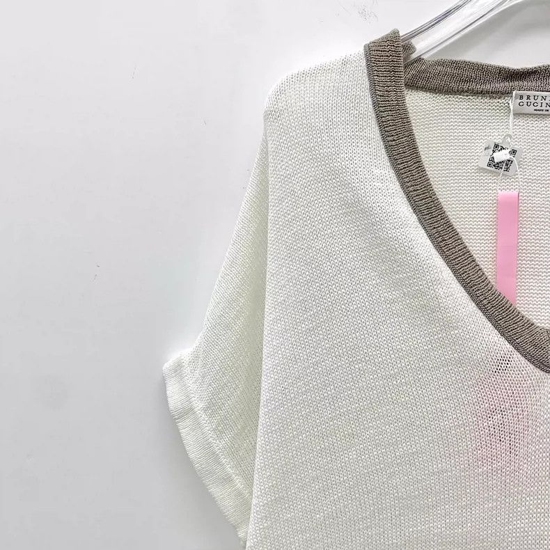 Brunello Cucinelli Brunello Cucinelli White V-Neck Cotton Knit Top Size L / US 10 / IT 46 - 3 Thumbnail