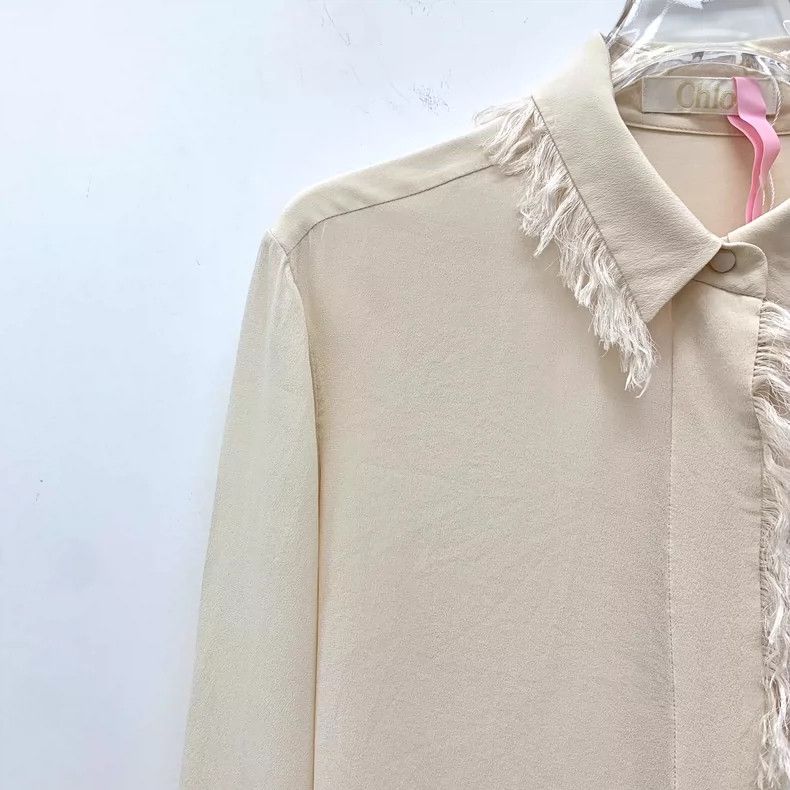 Chloe Chloe Beige Fringe Collar Silk Shirt Size S / US 4 / IT 40 - 3 Thumbnail