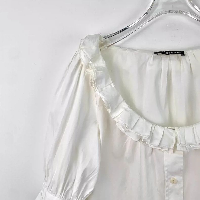 Dolce & Gabbana Dolce&Gabbana White Cotton Frill Short Sleeve Shirt Size XL / US 12-14 / IT 48-50 - 3 Thumbnail