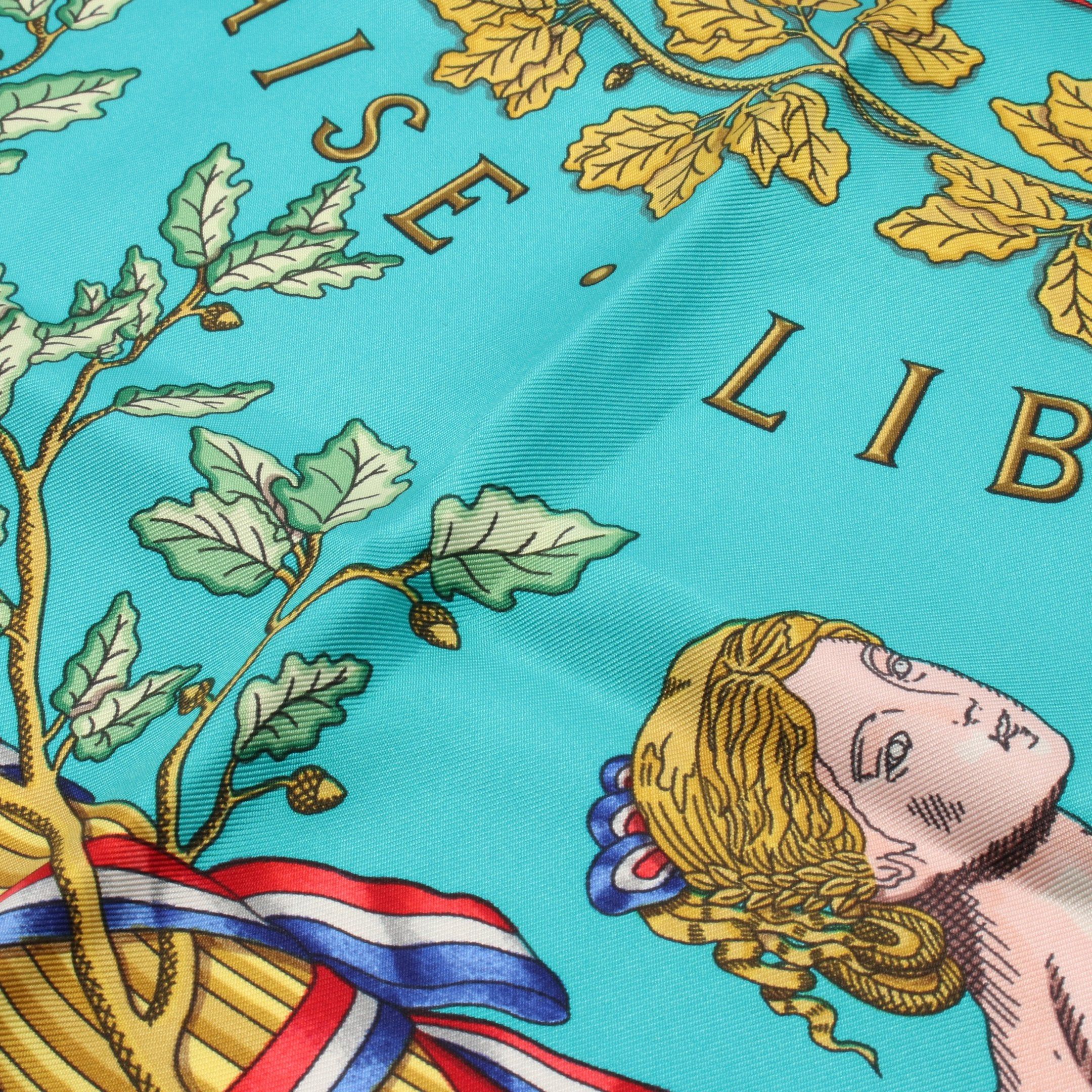 Hermes Hermes Carres 90 Liberte Egalite Fraternite Republique Francaise 1789 Scarf Silk Navy Green Multicolor Size ONE SIZE - 4 Thumbnail