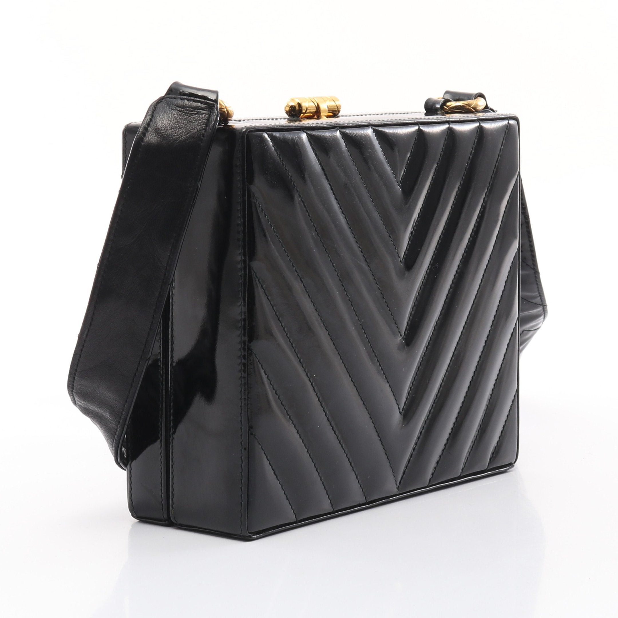 Chanel Chanel Chevron V-Stitch Shoulder Bag Patent Leather Black Gold Hardware Size ONE SIZE - 2 Thumbnail