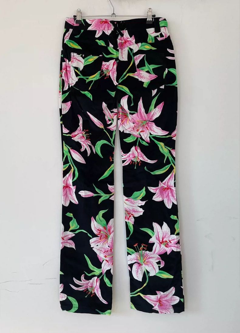 Dolce & Gabbana Black Velvet Lily Print Long Pants Size 40" / US 18 - 2 Thumbnail