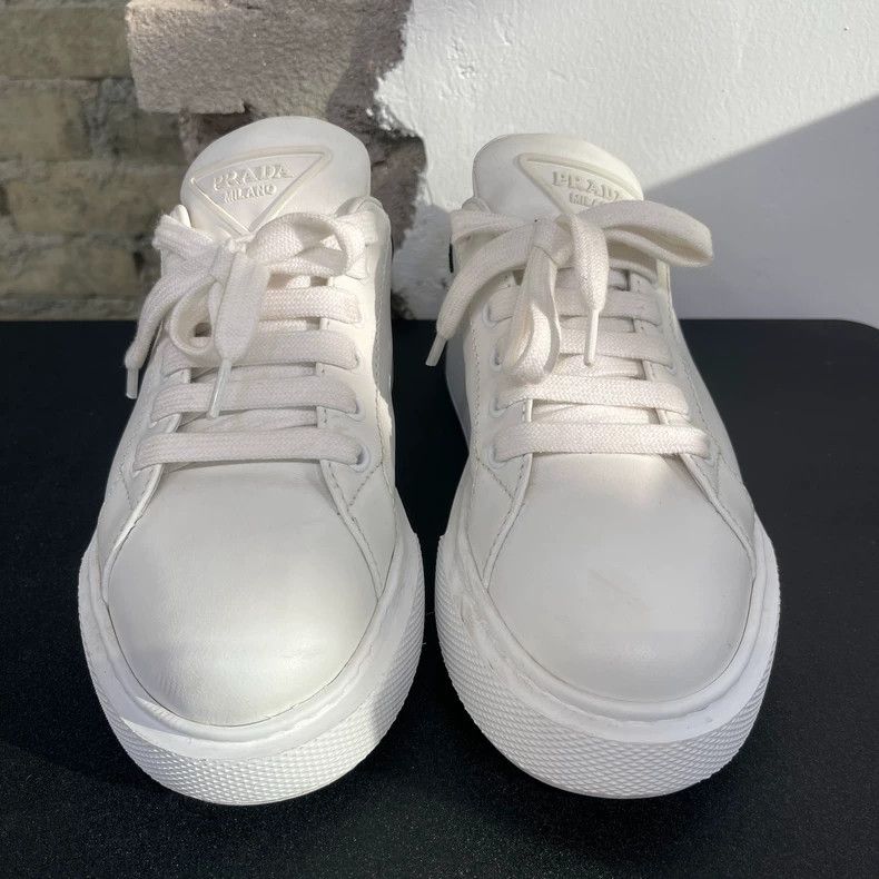 Prada Prada Black Triangular Logo White Sneakers Size US 5 / IT 35 - 6 Thumbnail