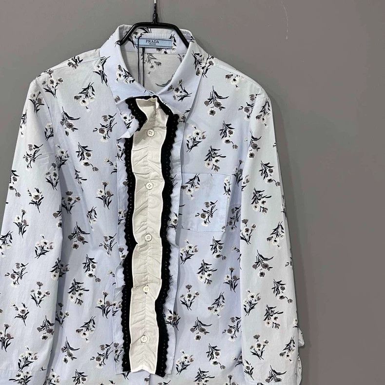 Prada Floral Blue Blouse with Ruffled Details Size M / US 6-8 / IT 42-44 - 2 Thumbnail