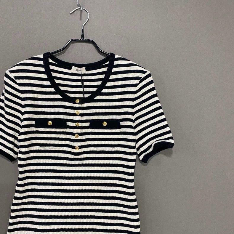 Celine Striped Short Sleeve Top with Gold Buttons Size M / US 6-8 / IT 42-44 - 2 Thumbnail