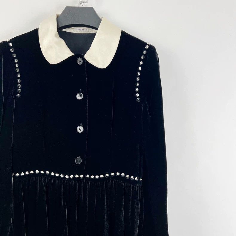 Prada Miumiu Black Velvet Dress with Studs Size S / US 4 / IT 40 - 6 Thumbnail