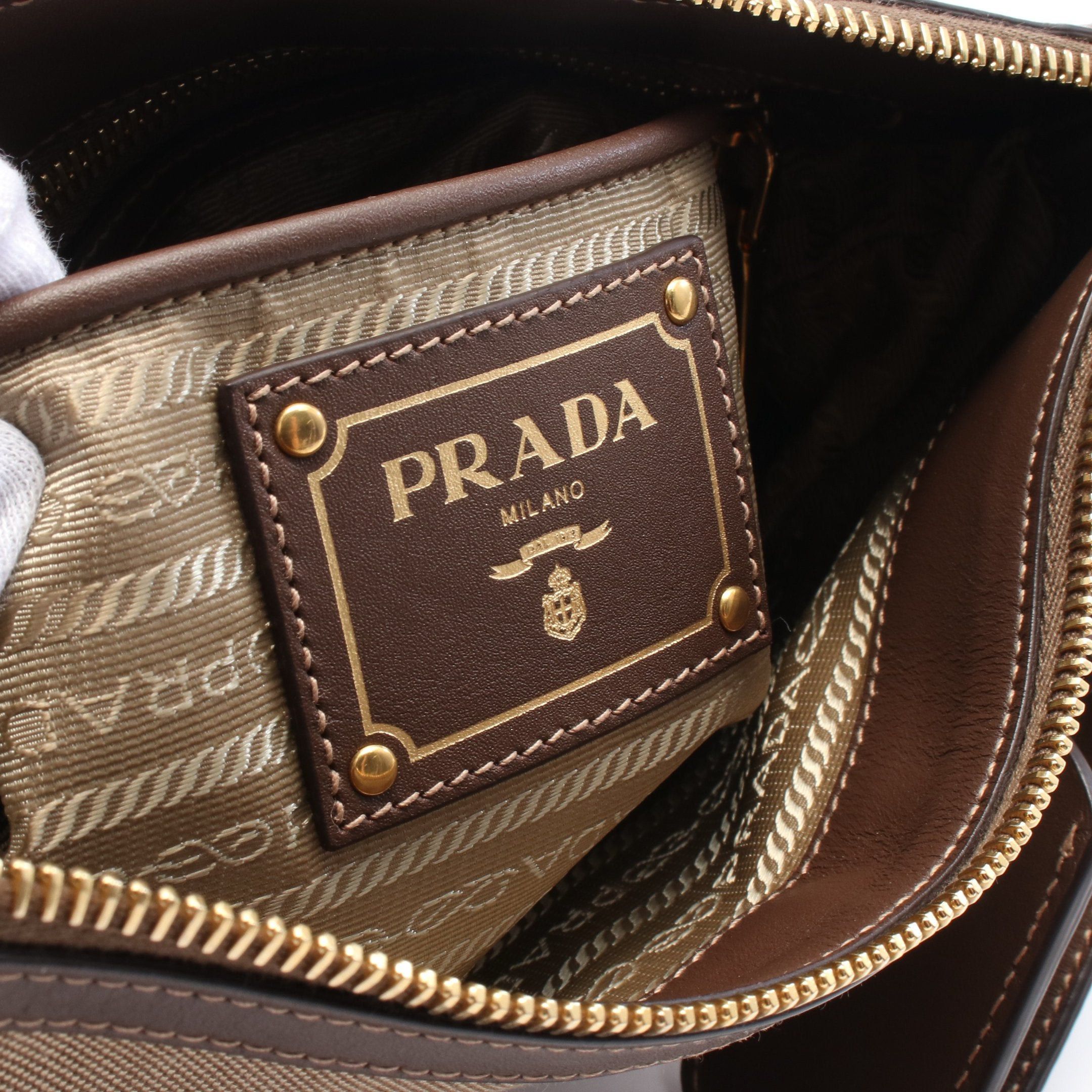 Prada Prada Logo Jacquard Shoulder Bag Canvas Leather Beige Dark Brown Size ONE SIZE - 4 Thumbnail
