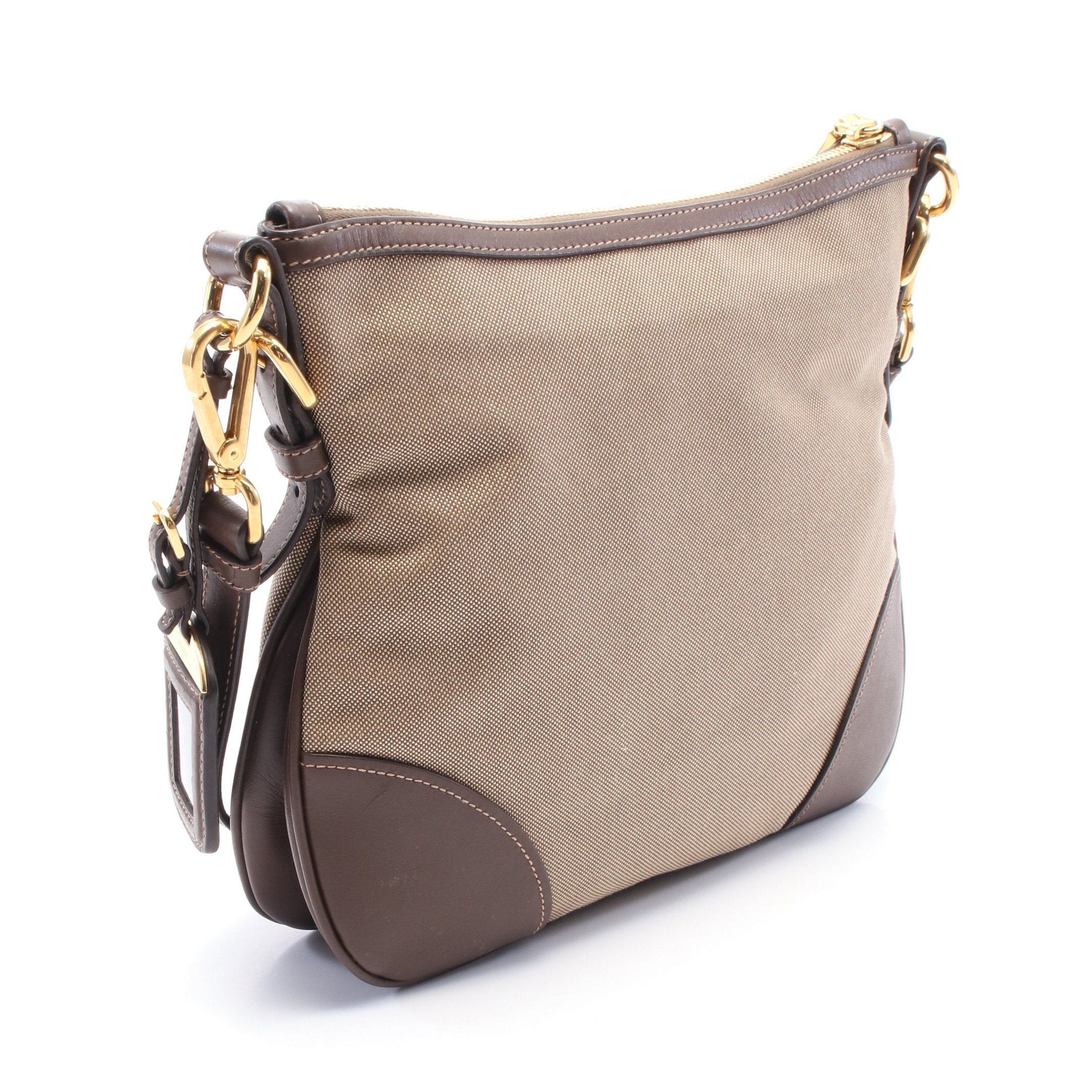 Prada Prada Logo Jacquard Shoulder Bag Canvas Leather Beige Dark Brown Size ONE SIZE - 2 Thumbnail