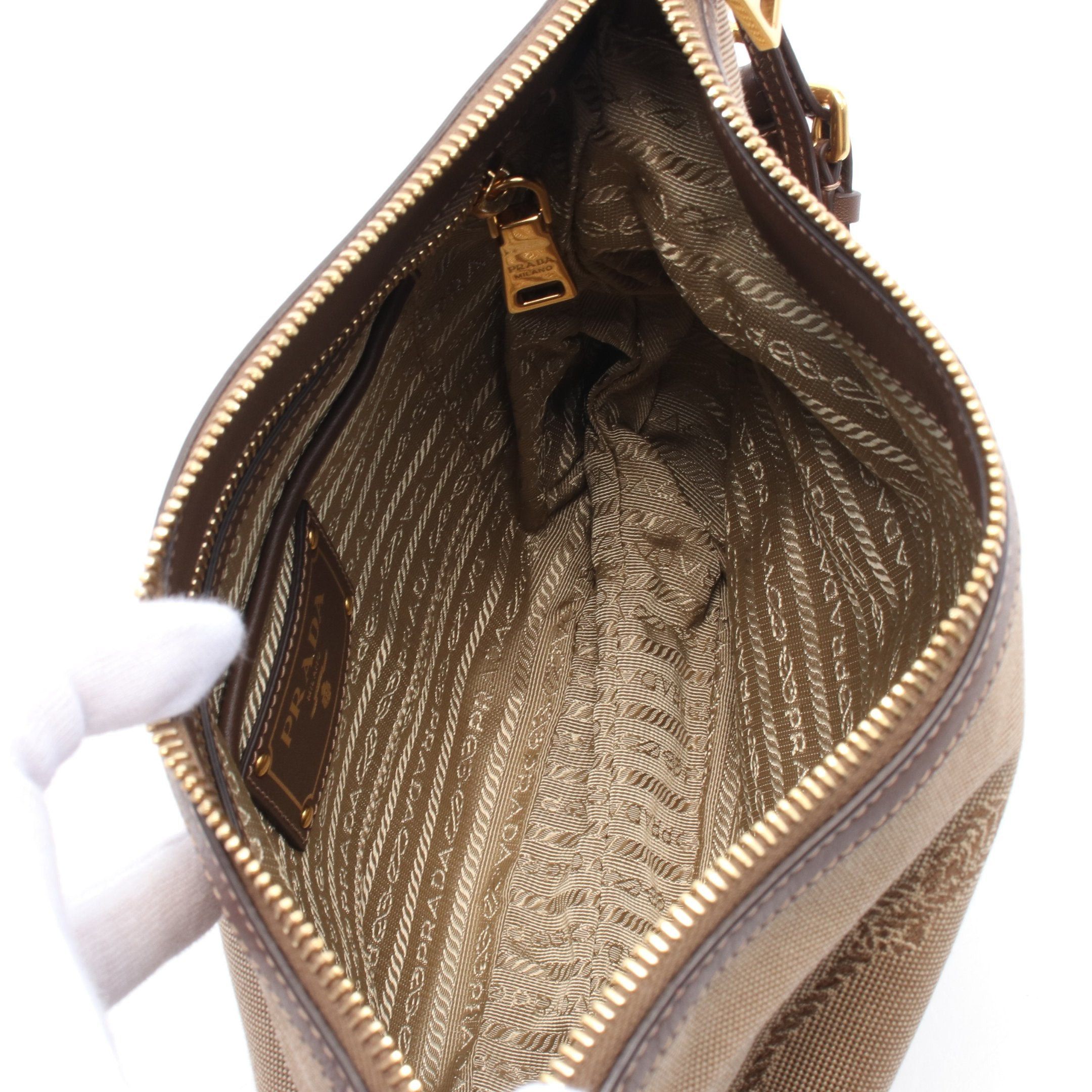 Prada Prada Logo Jacquard Shoulder Bag Canvas Leather Beige Dark Brown Size ONE SIZE - 3 Thumbnail