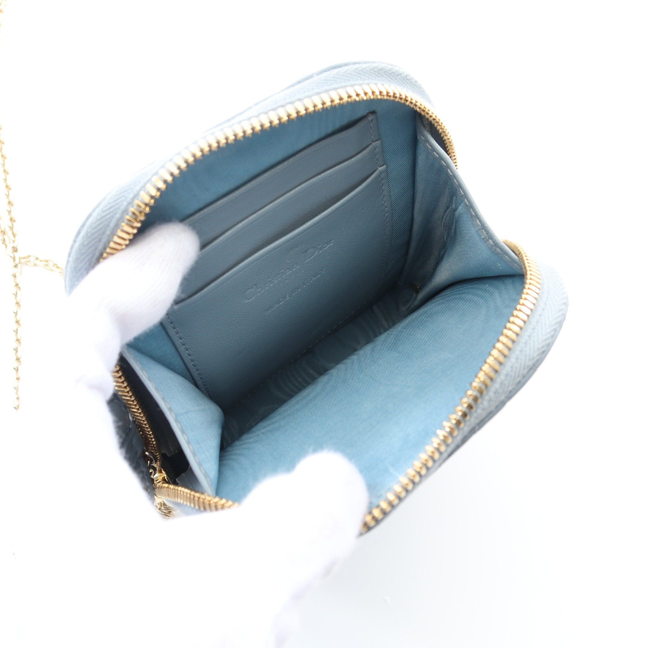 Dior Dior Lady Dior Phone Holder Canage Handbag Leather Light Blue Size ONE SIZE - 3 Thumbnail