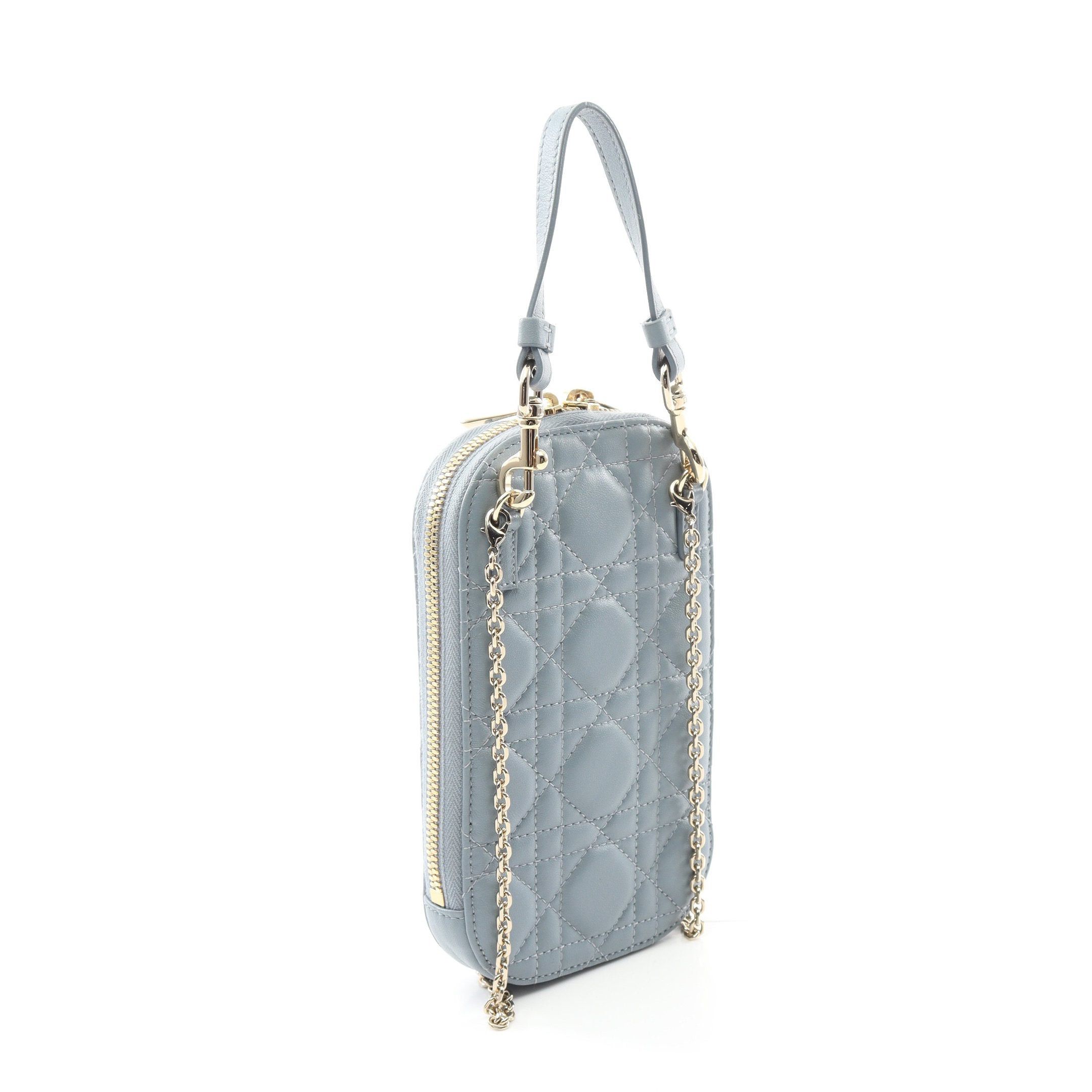 Dior Dior Lady Dior Phone Holder Canage Handbag Leather Light Blue Size ONE SIZE - 2 Thumbnail