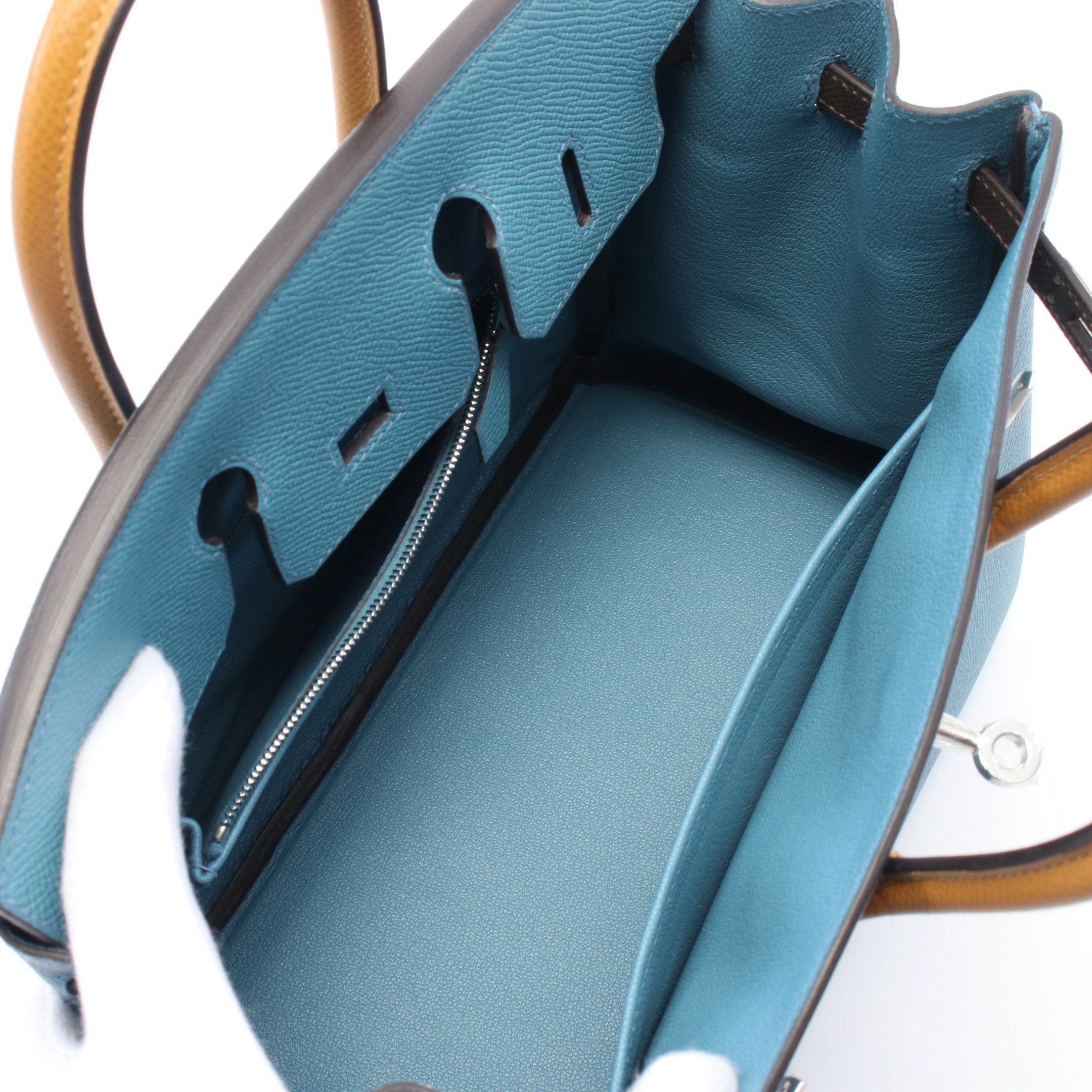 Hermes Hermes Birkin 25 Tricolor New Blue Jean Sesame Ecorse Handbag Clemence Leather Brown Yellow Silver Hardware Double Engraved Size ONE SIZE - 3 Thumbnail
