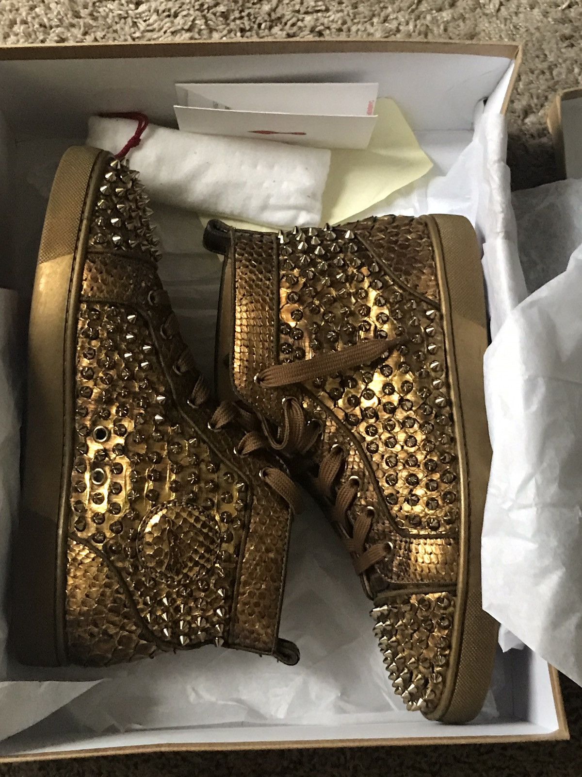 CHRISTIAN LOUBOUTIN Louis Spikes Orlato Flat Antic Gold Python Cuirasse - Men  Shoes - Chris…