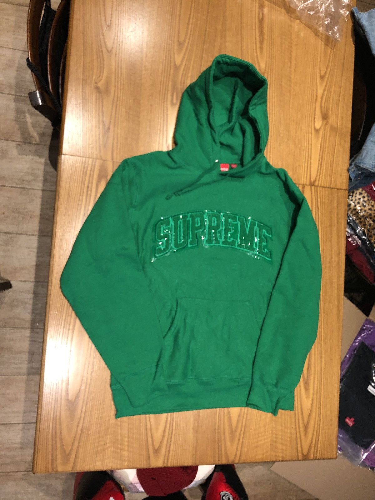 Supreme PATENT LEATHER ARC LOGO HOODED SWEATSHIRT COLOR KELLY  