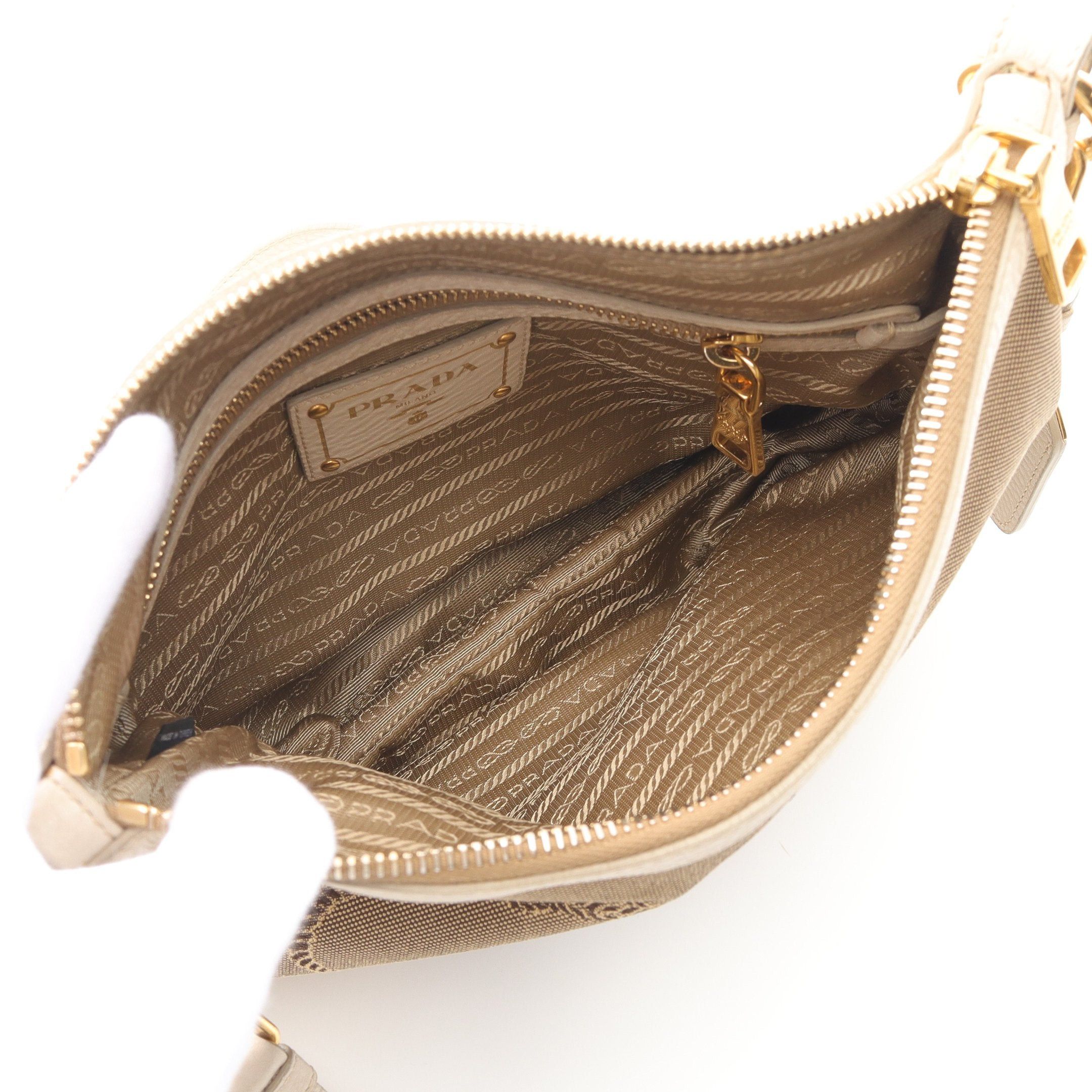 Prada Prada Logo Jacquard Shoulder Bag Canvas Leather Beige Ivory Size ONE SIZE - 3 Thumbnail