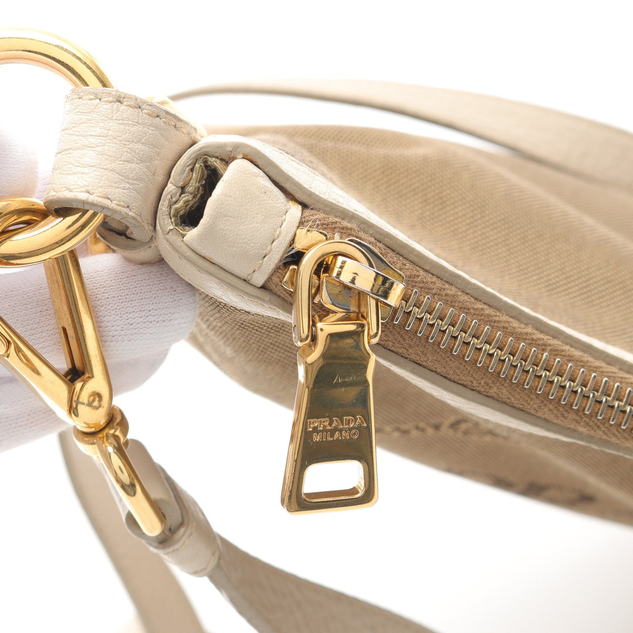 Prada Prada Logo Jacquard Shoulder Bag Canvas Leather Beige Ivory Size ONE SIZE - 5 Thumbnail