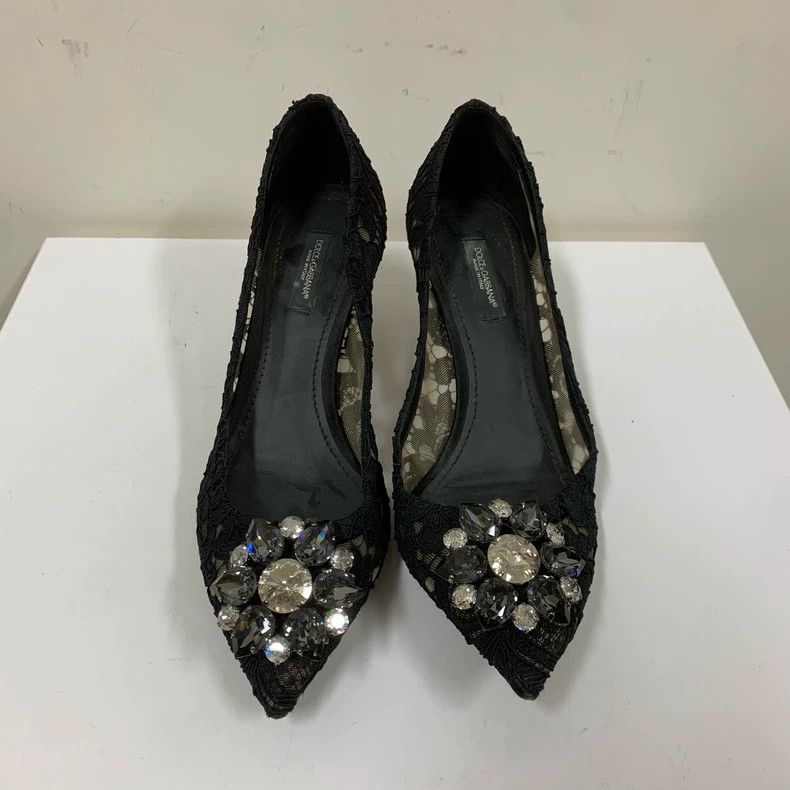 Dolce & Gabbana Black Lace High Heels with Rhinestones Size US 8 / IT 38 - 2 Thumbnail