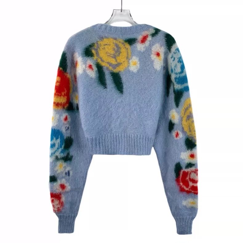 Prada Blue Floral V-Neck Knit Cardigan Sweater Size S / US 4 / IT 40 - 2 Thumbnail