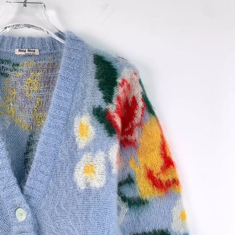 Prada Blue Floral V-Neck Knit Cardigan Sweater Size S / US 4 / IT 40 - 3 Thumbnail