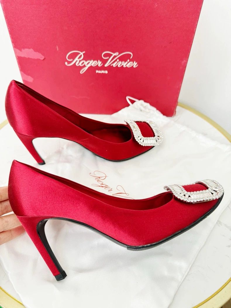 Roger Vivier Red Roger Vivier Heels with Diamond Buckle Size US 7 / IT 37 - 4 Thumbnail