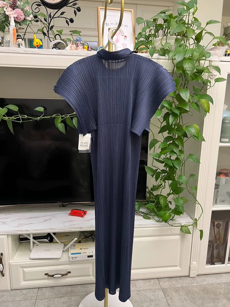 Issey Miyake Pleats Please Navy Blue Dress with Collar-yf Size 22" - 5 Thumbnail